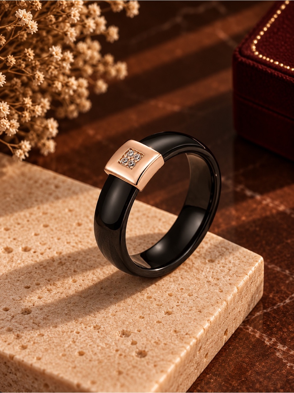 Black Ceramic Ring with Rose Gold Accent and Crystals